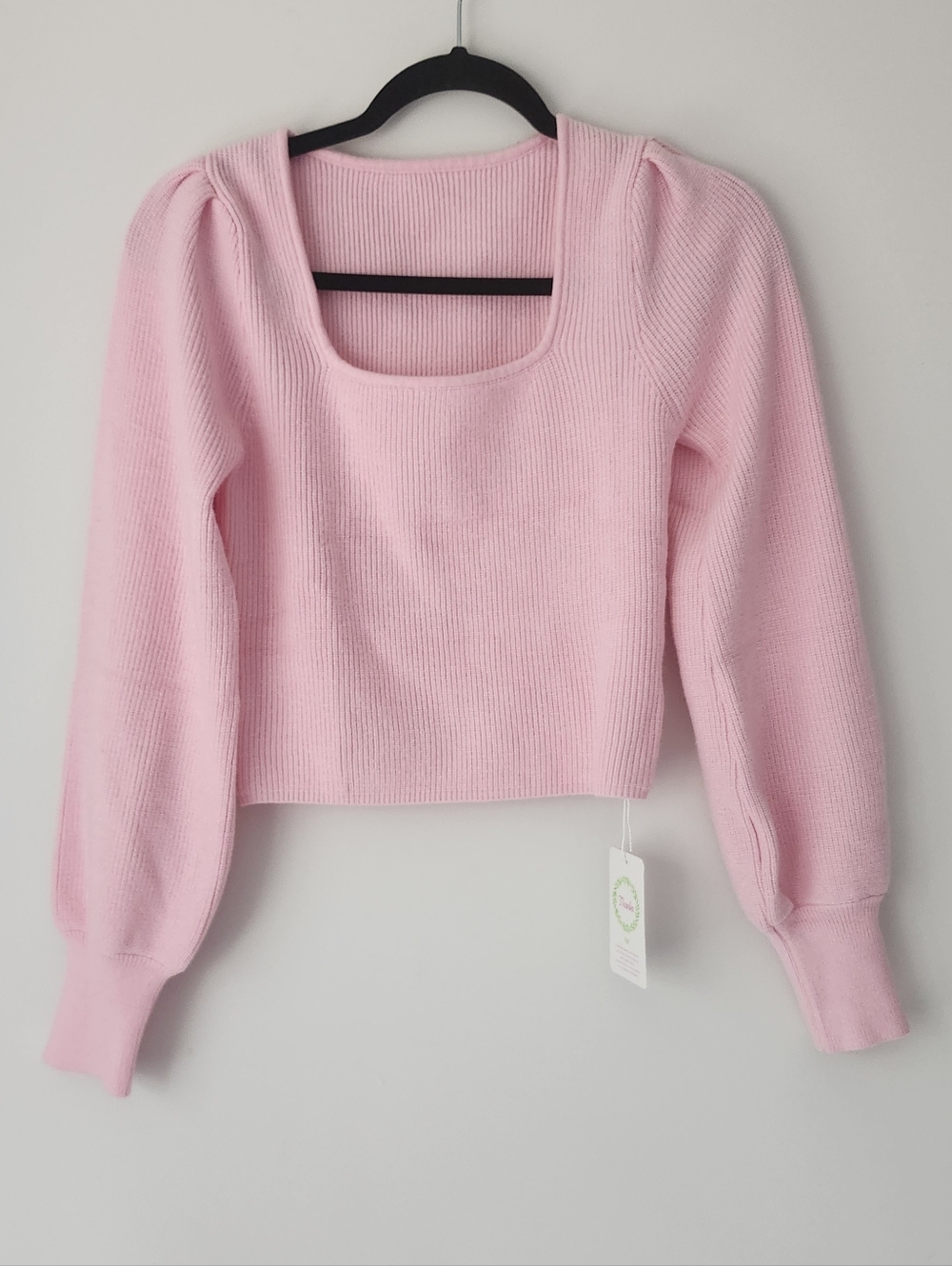 Pink Ribbed Knit Puff Sleeve Crop Sweater Square Neck Large
